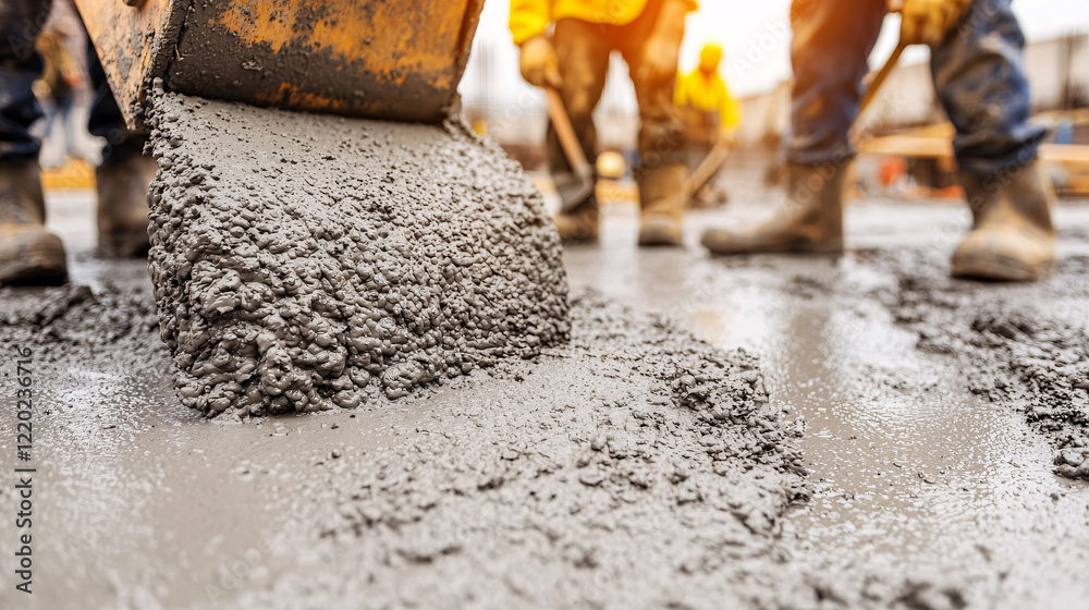 Construction workers pouring fresh concrete at urban site industry activity daytime focus on labor Construction workers pouring fresh concrete at urban site industry activity daytime focus on labor