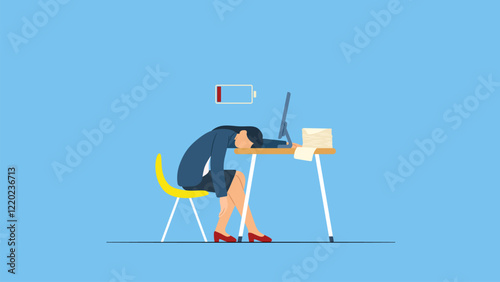 Exhausted businesswoman out of battery symbolizes stress burden, anxiety from work difficulty and overload, problem in economic crisis or pressure from too much responsibility concept.