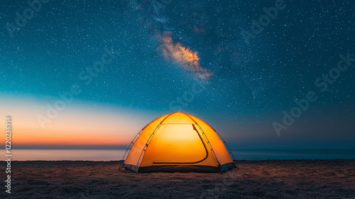 Stargazing camping adventure beachside night tranquil setting low angle serenity