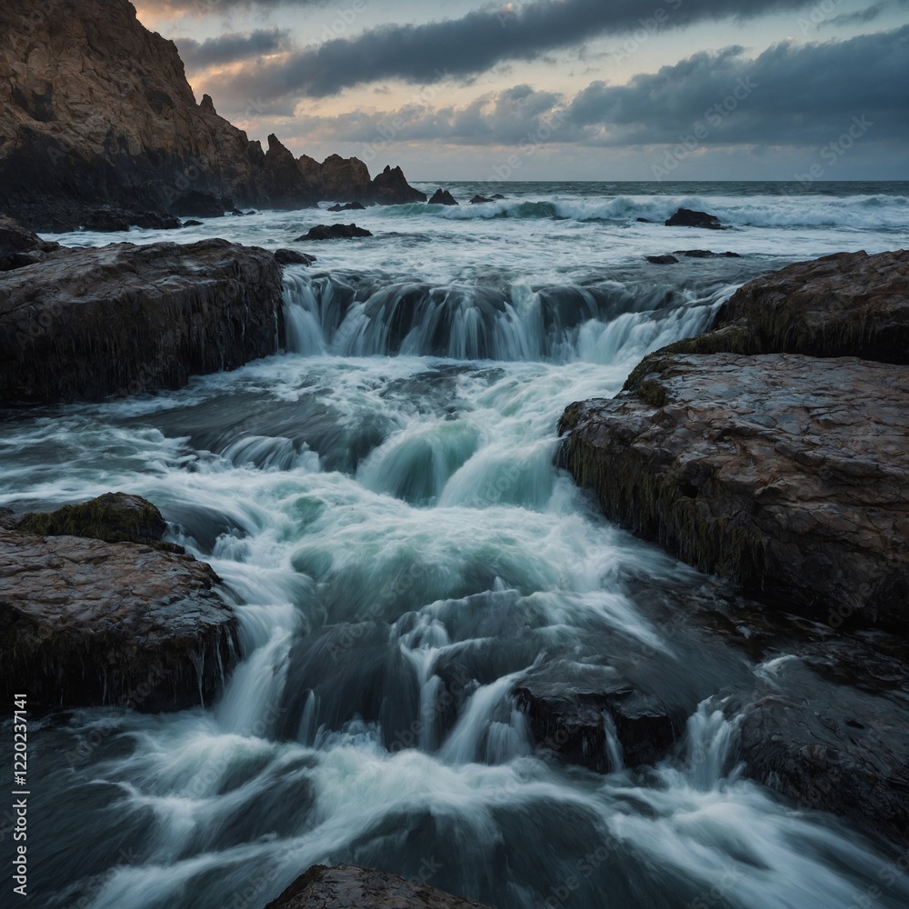 Describe the shapes and patterns the water makes as it tumbles over jagged rocks. Describe the shapes and patterns the water makes as it tumbles over jagged rocks.