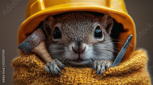 Cute squirrel builder studio portrait, tools, autumn