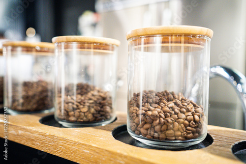 coffee beans and glass in cafe