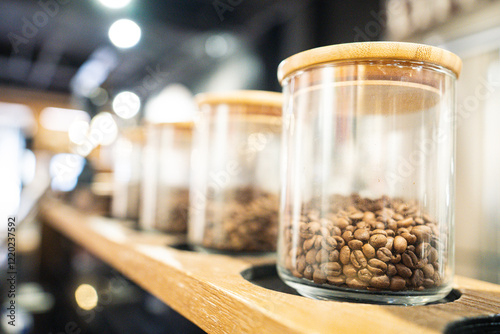 coffee beans and glass in cafe