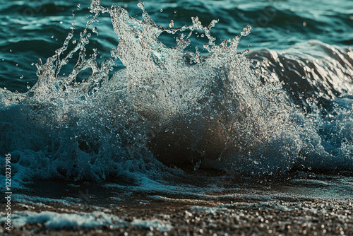 Waves Crashing on an Exotic Beach with Splashes of White Foam Against a Blue Sea photo