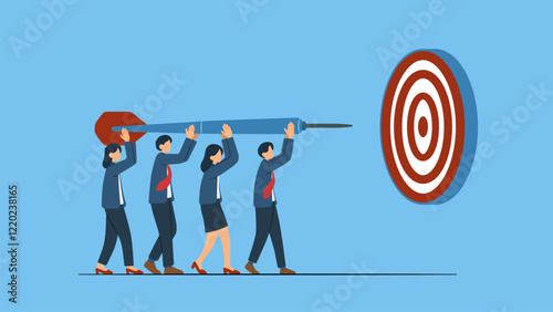 Concept illustration of team target to reach target bullseye achievement, reaching goal or success. Teamwork strategy, challenge or aspiration to win together, leadership to lead team.