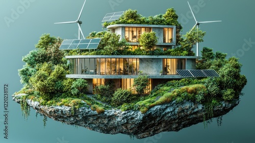Eco-friendly house, island, wind turbines, solar panels, green energy, future home, sustainability, illustration