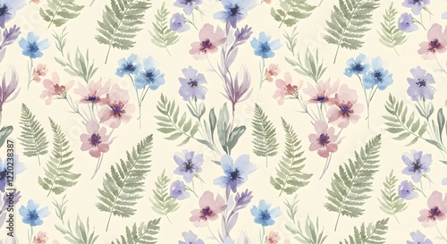 Wallpaper Mural Elegant wildflowers and fern leaves in a seamless watercolor pattern on a soft cream background Torontodigital.ca