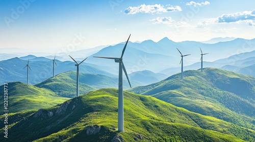 Majestic wind turbines in a mountainous setting, with layers of green hills and rocky peaks stretching far into the distance under bright, natural sunlight.