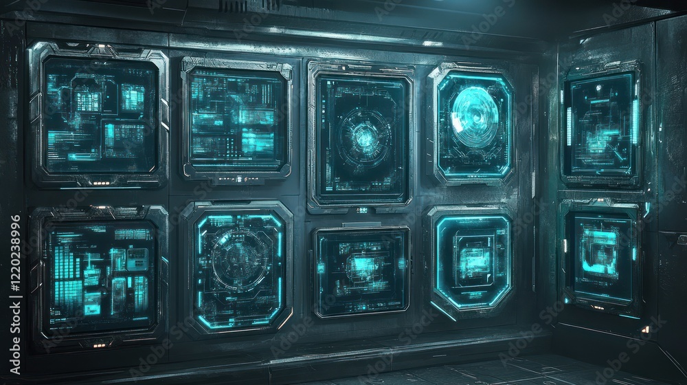 Obraz premium Futuristic control panel with glowing cyan interfaces.