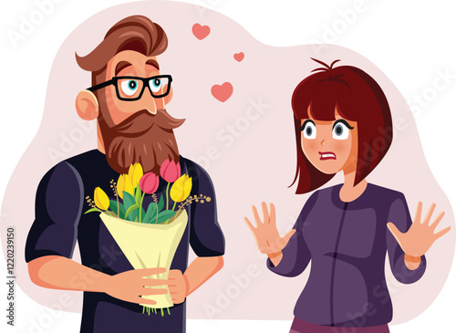 Woman Refusing Suitor with Flower Bouquet Vector Illustration. Young lady not interested in pursuing love proposal 
