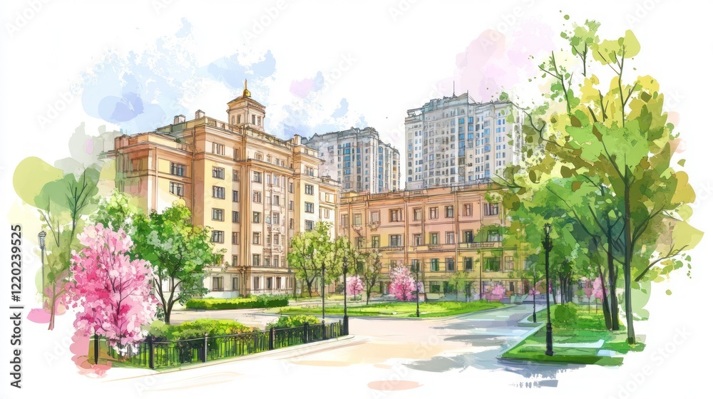 Fototapeta premium Sketch illustration, color ink drawing with watercolor, pencil sketch of a building in the center on a white background with pastel pink and green colors, trees, bushes, spring season, in a clipart