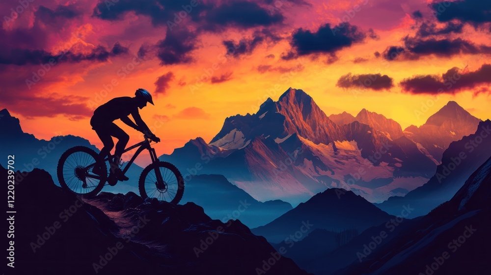 Obraz premium Mountain biker sunset ride, scenic peaks
