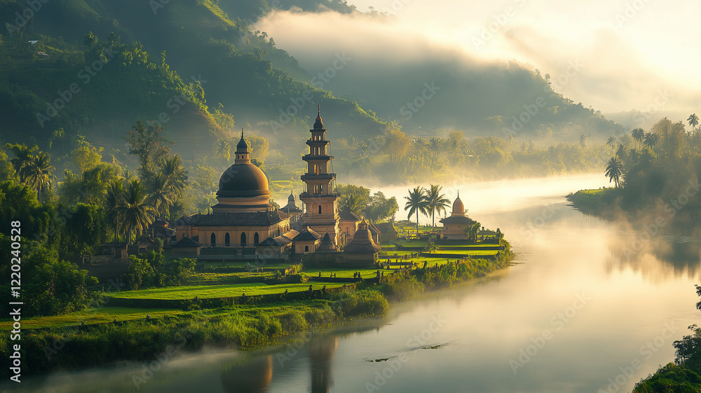 Fototapeta premium Serene Mosque at Sunrise with Misty River