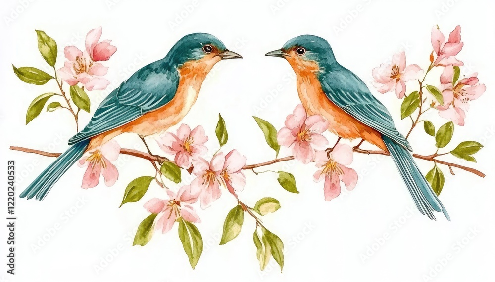 Two vibrant birds perched on a blooming branch surrounded by delicate pink flowers, showcasing nature's beauty Two vibrant birds perched on a blooming branch surrounded by delicate pink flowers, showcasing nature's beauty