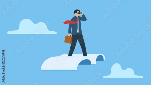 A businessman look through binoculars on flying book symbolizes of observation, search for opportunity, curiosity or surveillance, inspect or discover new business. Employee looking for job.