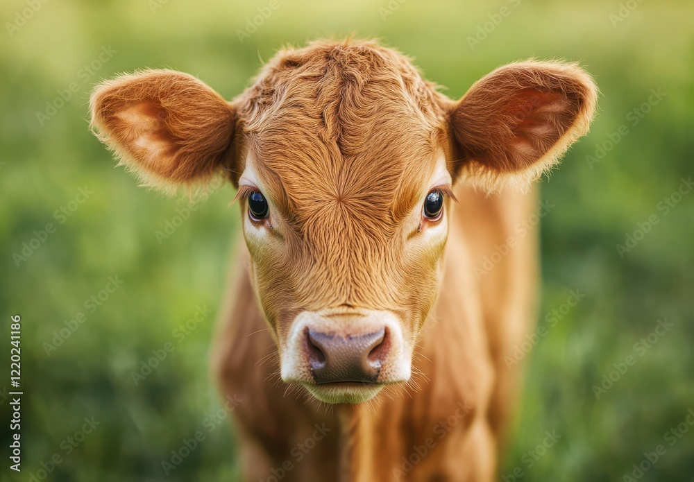Adorable Brown Calf with Big Eyes and Soft Fur Standing in a Lush Green Field Under Bright Sunlight, Capturing the Essence of Rural Beauty and Farm Life Adorable Brown Calf with Big Eyes and Soft Fur Standing in a Lush Green Field Under Bright Sunlight, Capturing the Essence of Rural Beauty and Farm Life