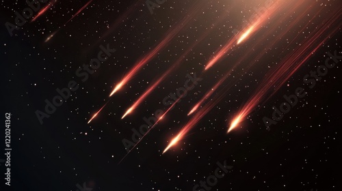 A stunning view of multiple meteors streaking through a starry night sky, creating a dramatic cosmic display.