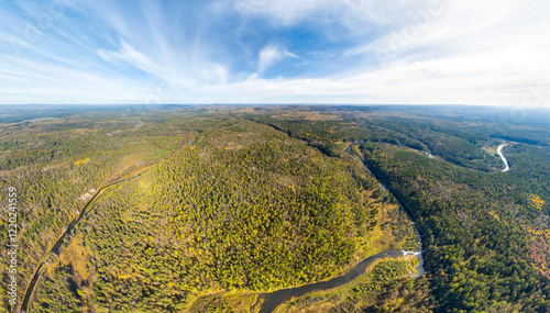 Bazhukovo, Russia. Autumn landscape. Serga River. Deer streams. Nature park in a wooded area, famous for its rich flora. Aerial view. photo