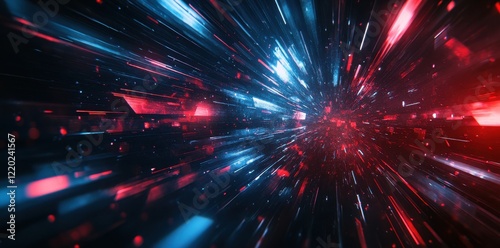 A vibrant explosion of blue and red lights creates a dynamic sense of speed and energy, suggesting movement through a digital or cosmic environment.