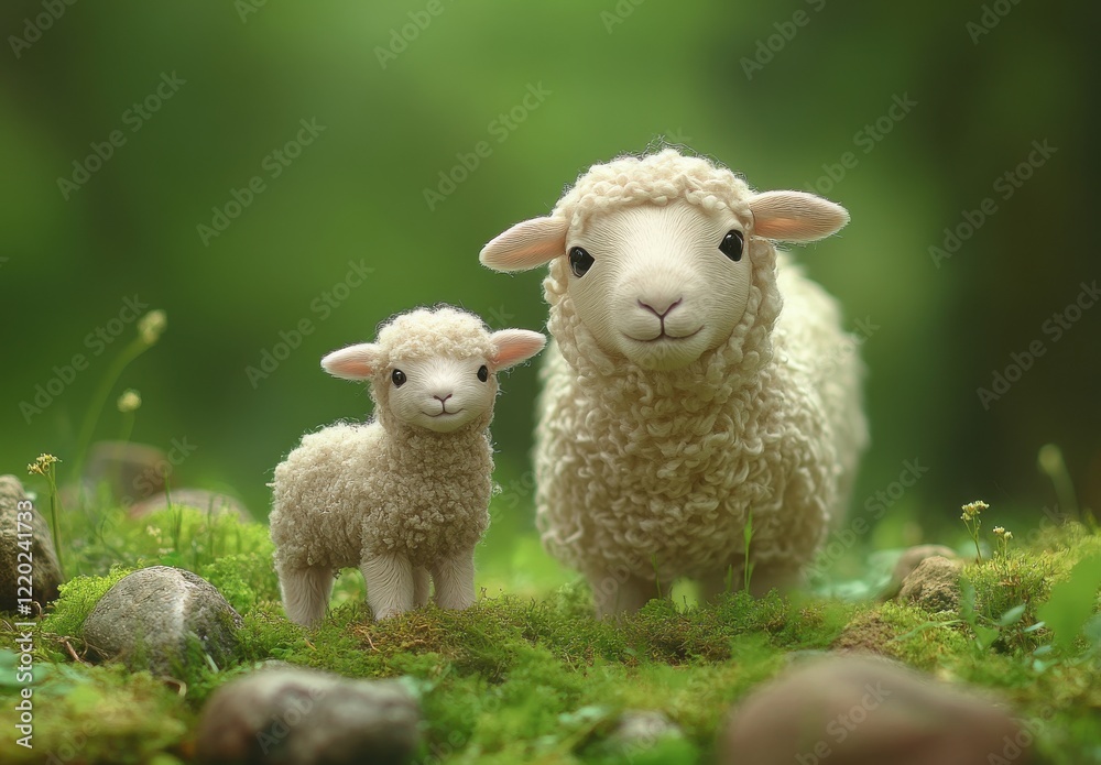 Adorable Sheep and Lamb Figurines in a Lush Green Forest Setting Surrounded by Nature's Beauty, Capturing the Essence of Farm Life and Wildlife Harmony Adorable Sheep and Lamb Figurines in a Lush Green Forest Setting Surrounded by Nature's Beauty, Capturing the Essence of Farm Life and Wildlife Harmony