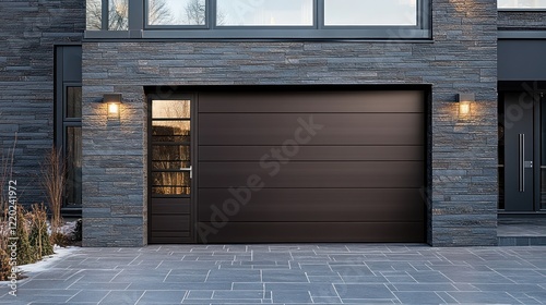 Wallpaper Mural Modern dark brown sectional garage door on stone wall. Torontodigital.ca
