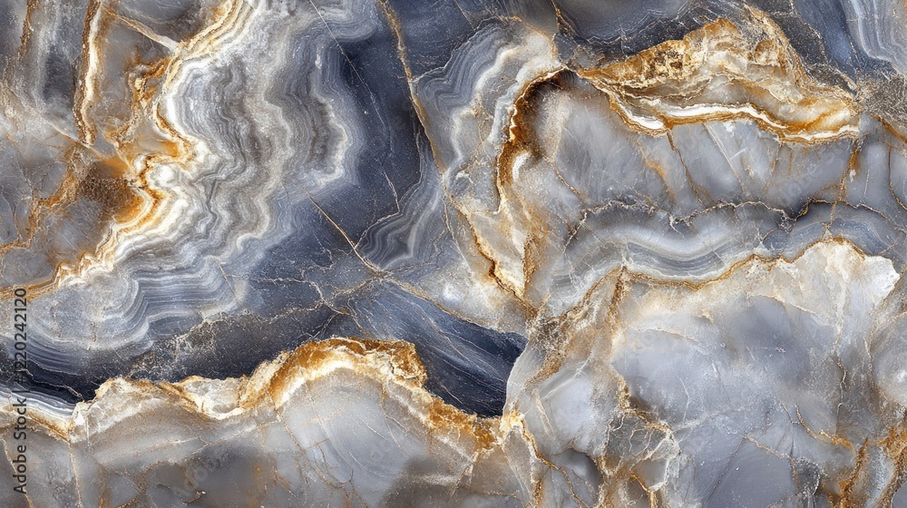 Fototapeta premium A close-up of the surface texture of gray marble, with intricate patterns and textures that give it an elegant appearance. The background is dark blue to accentuate these details.