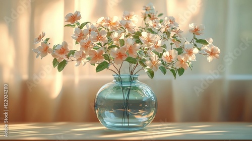 Peach blossoms in glass vase on table, light through window for home decor