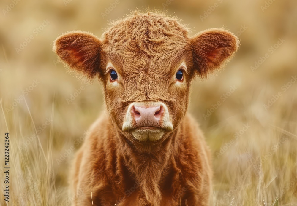 Adorable Young Calf with Fluffy Fur Gazing Curiously at the Camera in a Warm Meadow Setting, Highlighting the Beauty of Rural Farm Life and Animal Innocence
