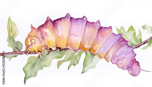 Vibrant watercolor illustration of a caterpillar resting on a leafy branch, showcasing nature's beauty