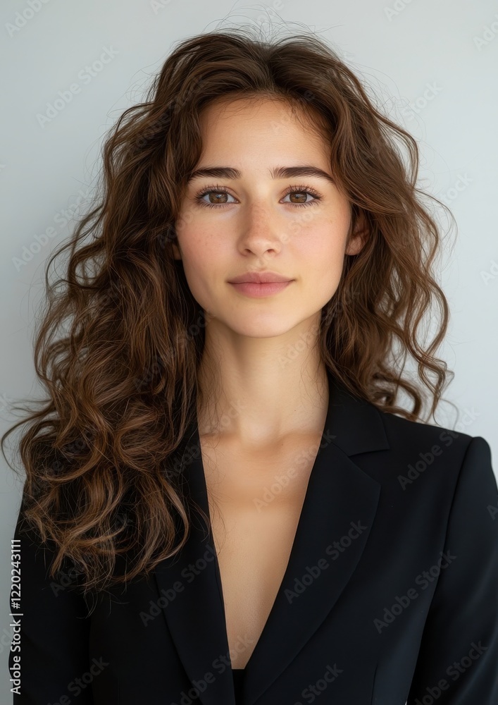 Obraz premium Beautiful young woman with long wavy hair wearing a black blazer, posing confidently in front of a neutral background in a professional headshot style.