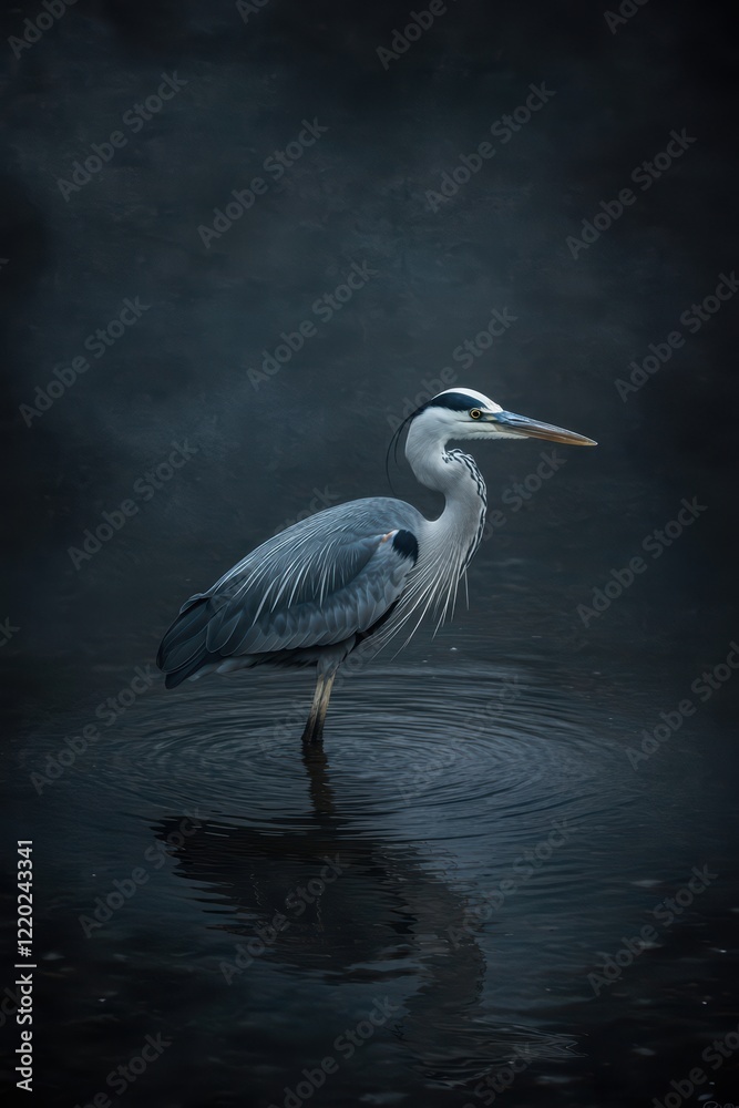Fototapeta premium Graceful Grey Heron Standing in Still Water under Dark Atmosphere