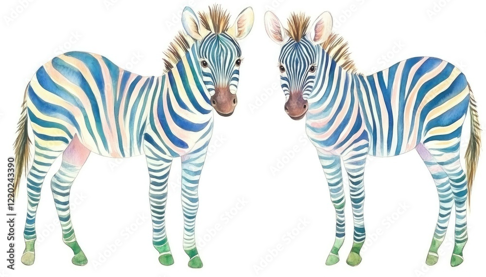 Fototapeta premium Two colorful zebras standing side by side in a whimsical style against a plain background