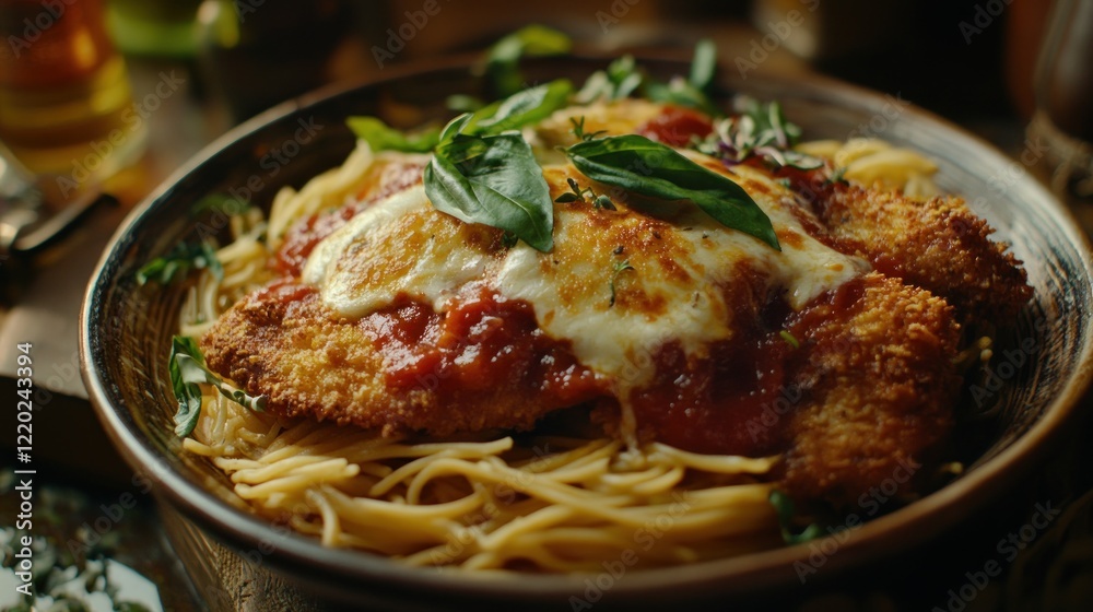 Chicken Parmesan pasta dish, rustic setting