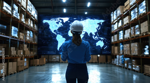 A warehouse manager using advanced digital technology to analyze global shipping routes displayed on a high-tech screen, enhancing logistics efficiency and decision-making in supply chain management.