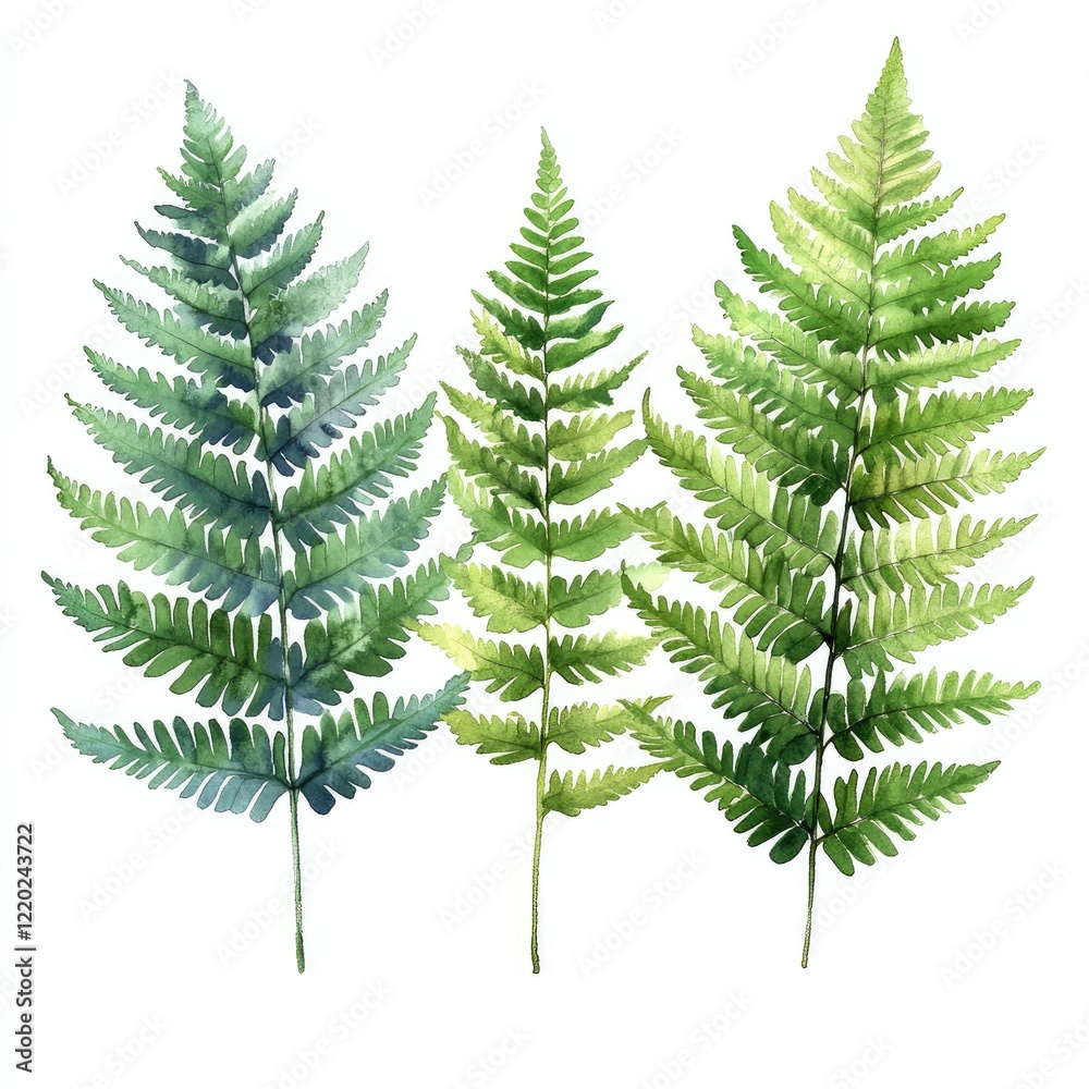 A vibrant illustration of three distinct fern plants showcasing their lush green foliage against a white background A vibrant illustration of three distinct fern plants showcasing their lush green foliage against a white background
