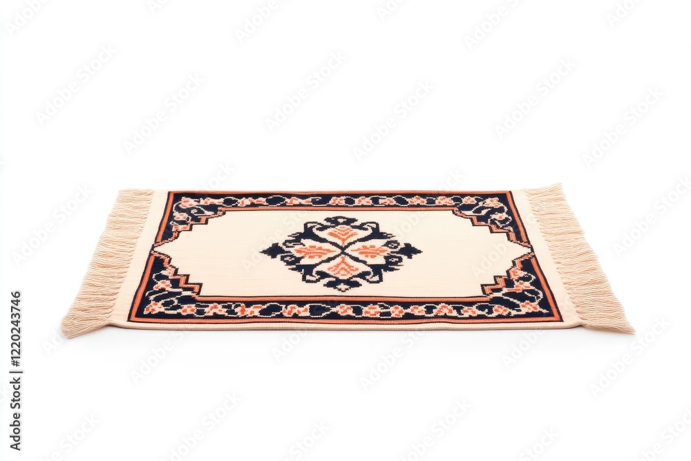 Elegant decorative rug with intricate patterns and fringes, showcased on a clean, white background Elegant decorative rug with intricate patterns and fringes, showcased on a clean, white background