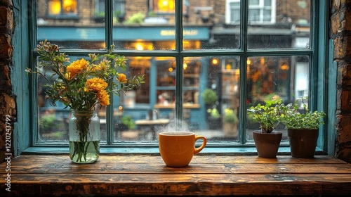 Rainy London cafe, warm tea, flowers, window view