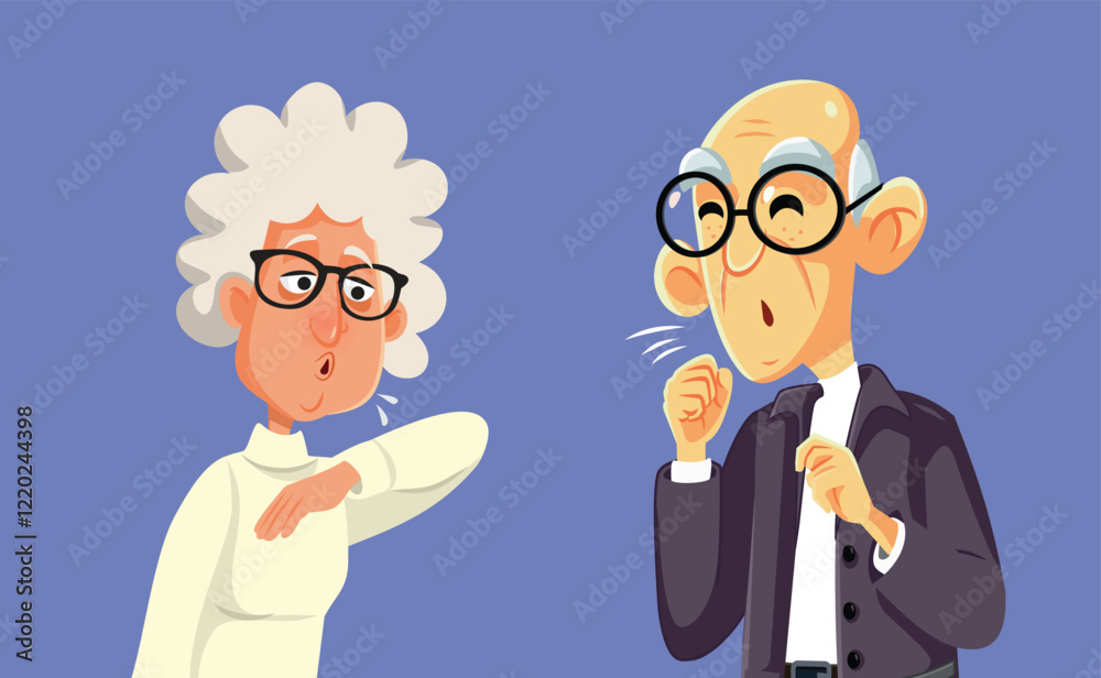Elderly Couple Coughing and Sneezing Vector Cartoon Illustration. Old man and woman suffering from a viral infection together
Elderly Couple Coughing and Sneezing Vector Cartoon Illustration. Old man and woman suffering from a viral infection together