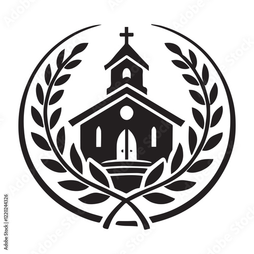 A stylized, black and white vector illustration of a charming church perched atop a grassy hill