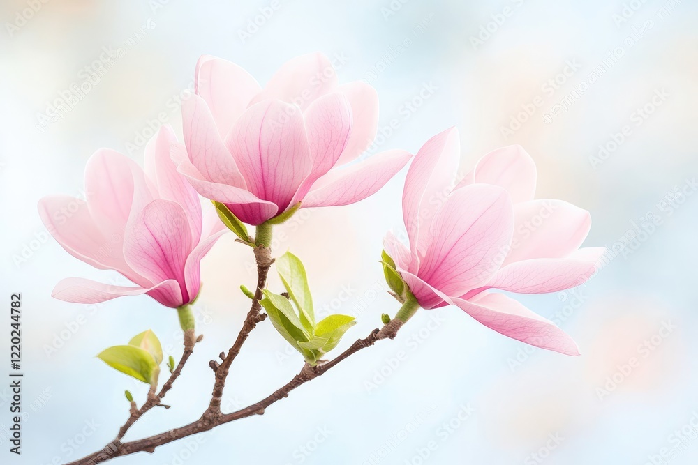 Obraz premium Delicate pink magnolia flowers blooming on a branch against a soft, blurred pastel background, symbolizing spring