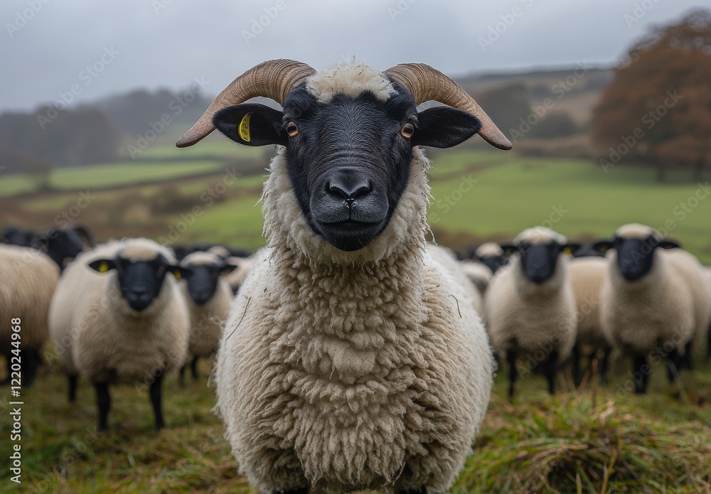 Fototapeta premium Close-Up of a Black-Faced Sheep Surrounded by Flock in Rustic Pastoral Landscape Under Overcast Sky, Capturing Nature's Tranquility and Livestock Culture