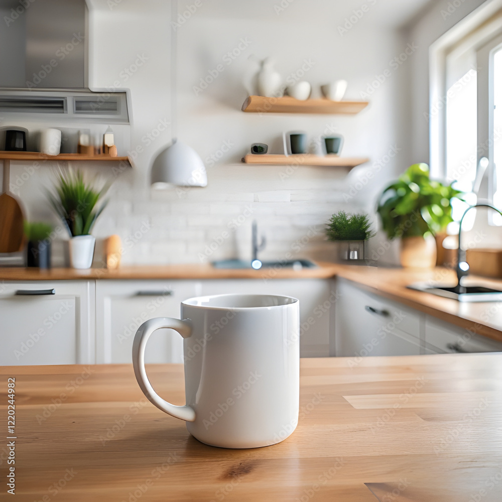 Weiße Tasse auf Holzarbeitsplatte in moderner Küche - KI generiert Weiße Tasse auf Holzarbeitsplatte in moderner Küche - KI generiert