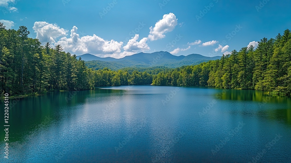 Fototapeta premium A peaceful lake surrounded by mountains and forest, creating a serene and tranquil landscape, ideal for relaxation, meditation, and nature-based projects that emphasize environmental beauty.