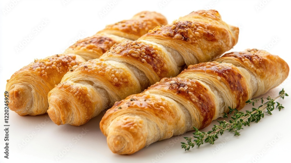 Three rolls of pastry with herbs on top Three rolls of pastry with herbs on top