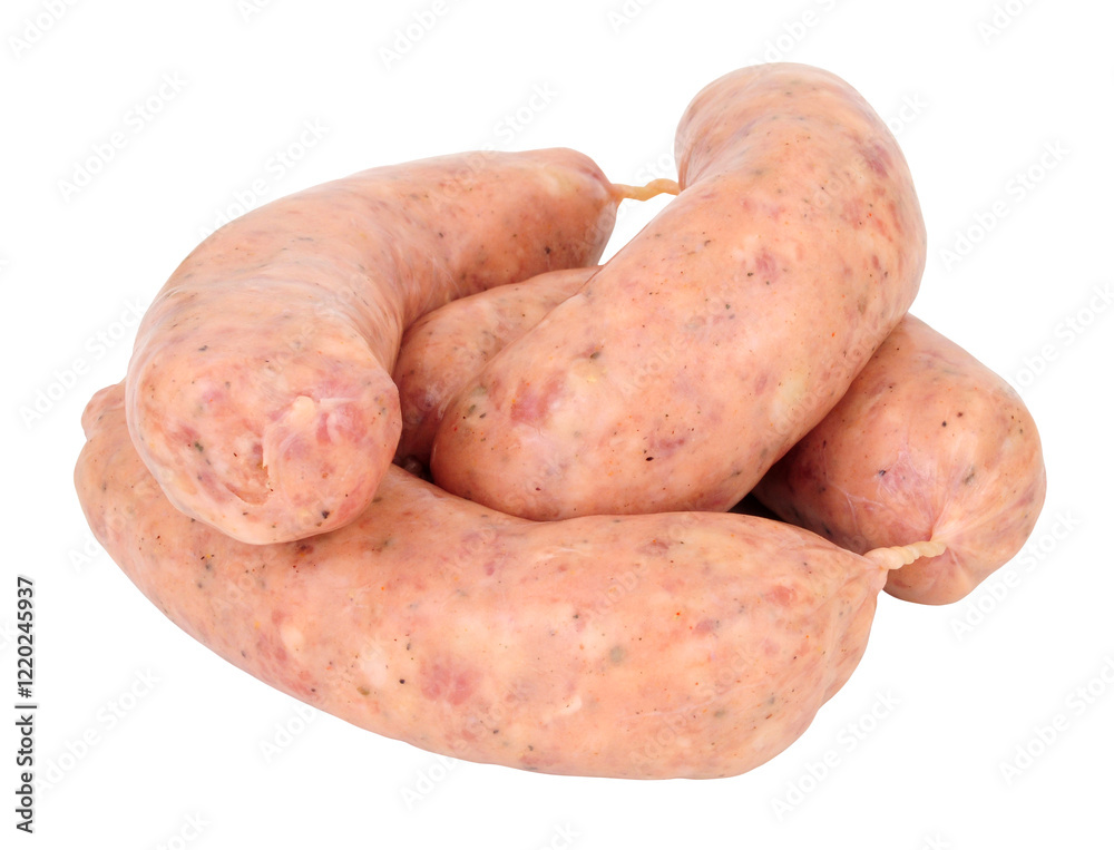 Group of fresh raw pork meat link sausages isolated on a white background Group of fresh raw pork meat link sausages isolated on a white background