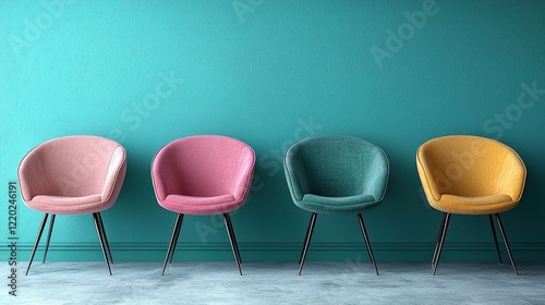 Four chairs, pink, blue, yellow, against a solid wall, on grey floor, waiting
