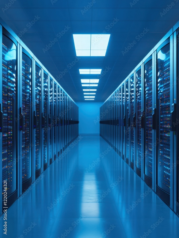 Fototapeta premium A futuristic data center corridor featuring rows of servers illuminated by cool blue lighting.
