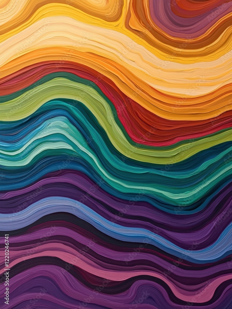 Fototapeta premium A vibrant abstract artwork featuring wavy, colorful layers in hues of orange, purple, green, and blue, creating a dynamic and flowing visual effect.
