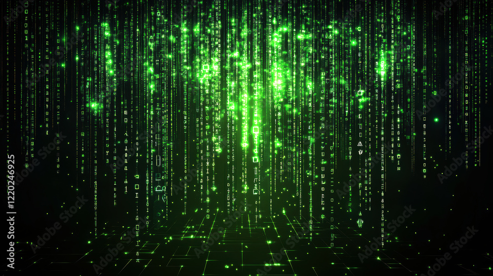 A mesmerizing digital landscape of glowing green binary code creating an immersive sensory experience, evoking the essence of technology and the digital realm. A mesmerizing digital landscape of glowing green binary code creating an immersive sensory experience, evoking the essence of technology and the digital realm.
