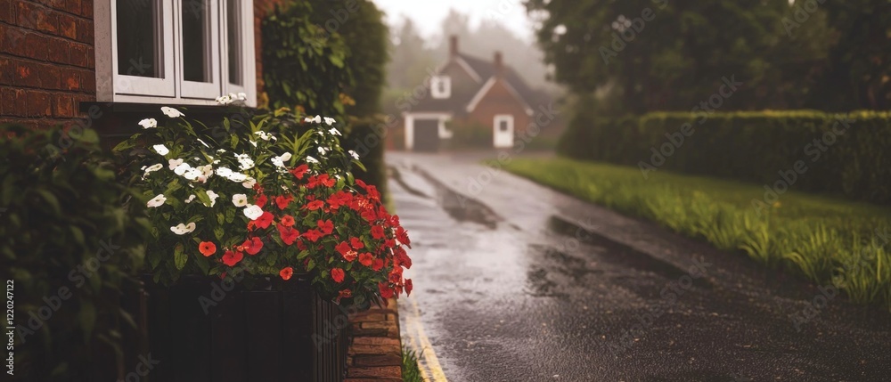 Fototapeta premium Rainy Day Charm Misty Village Street Flowers Cottage